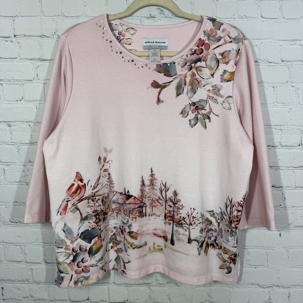 Alfred Dunner Top Women Large Pink All Over Print Embroidered Soft Girl Coquette